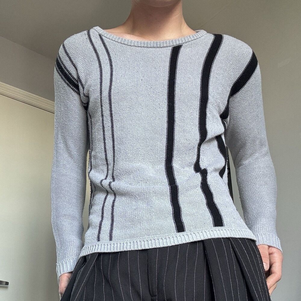 Premise Studio Unisex Gray Black Stripe Off The Shoulder Cozy Knit Sweater Sz S